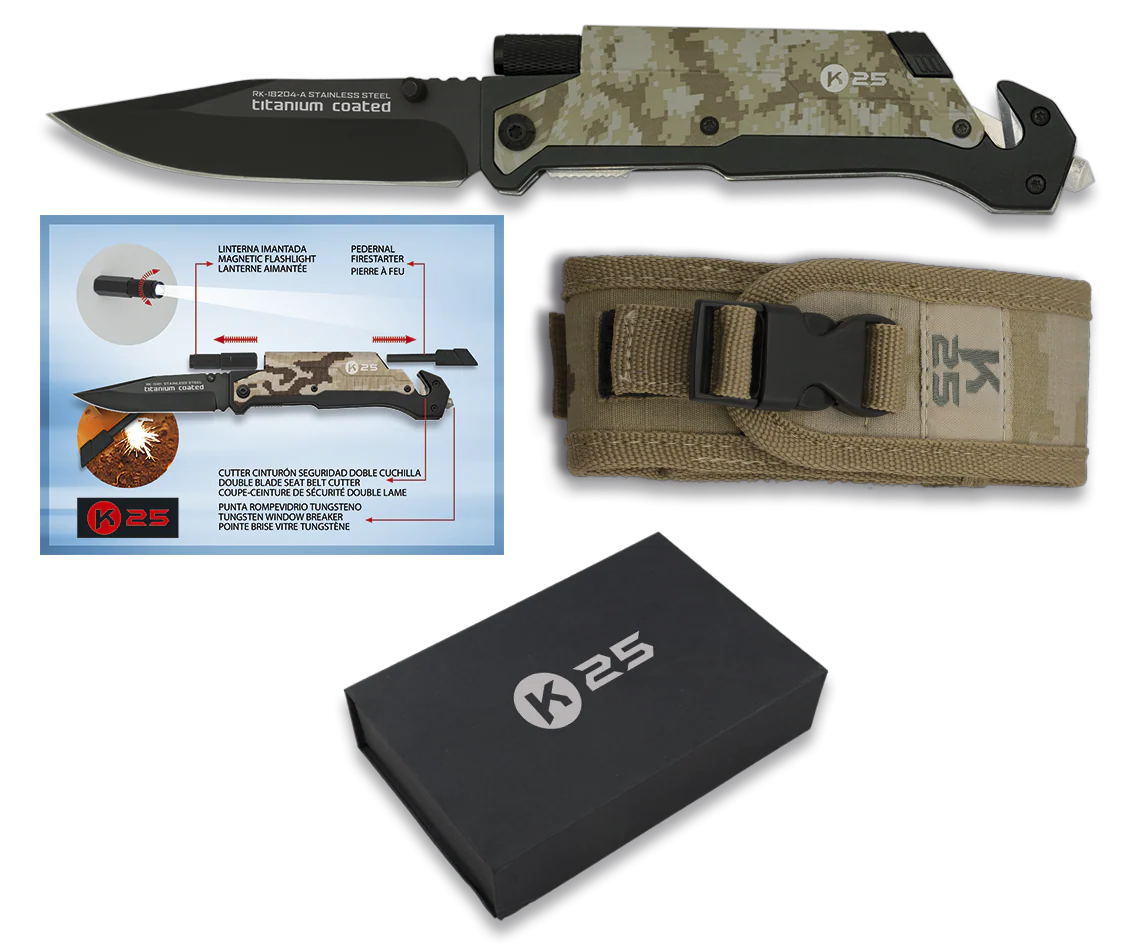 Navaja Táctica Asistida FOS K25 Pedernal con Linterna