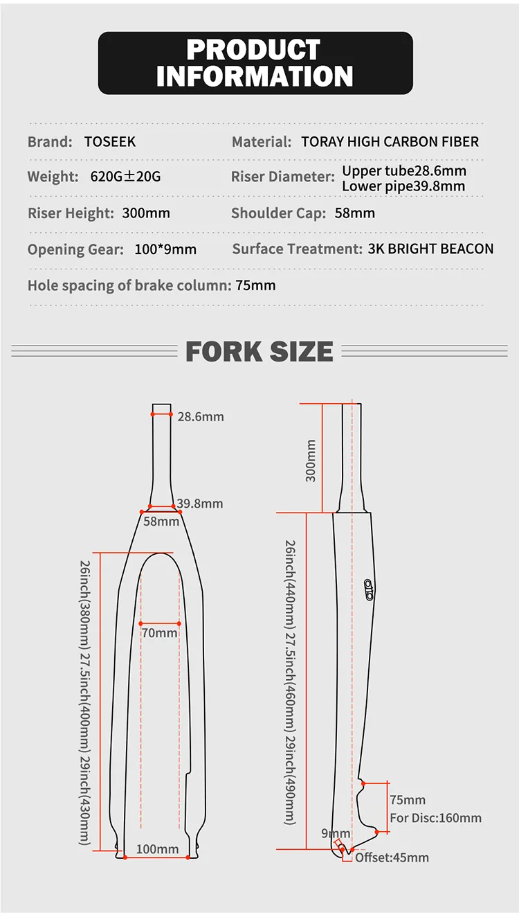 Horquilla Toseek TFK-M20 Cónica de freno de disco MTB Rígido de fibra de carbono 29 pulgadas negro - Imagen 3