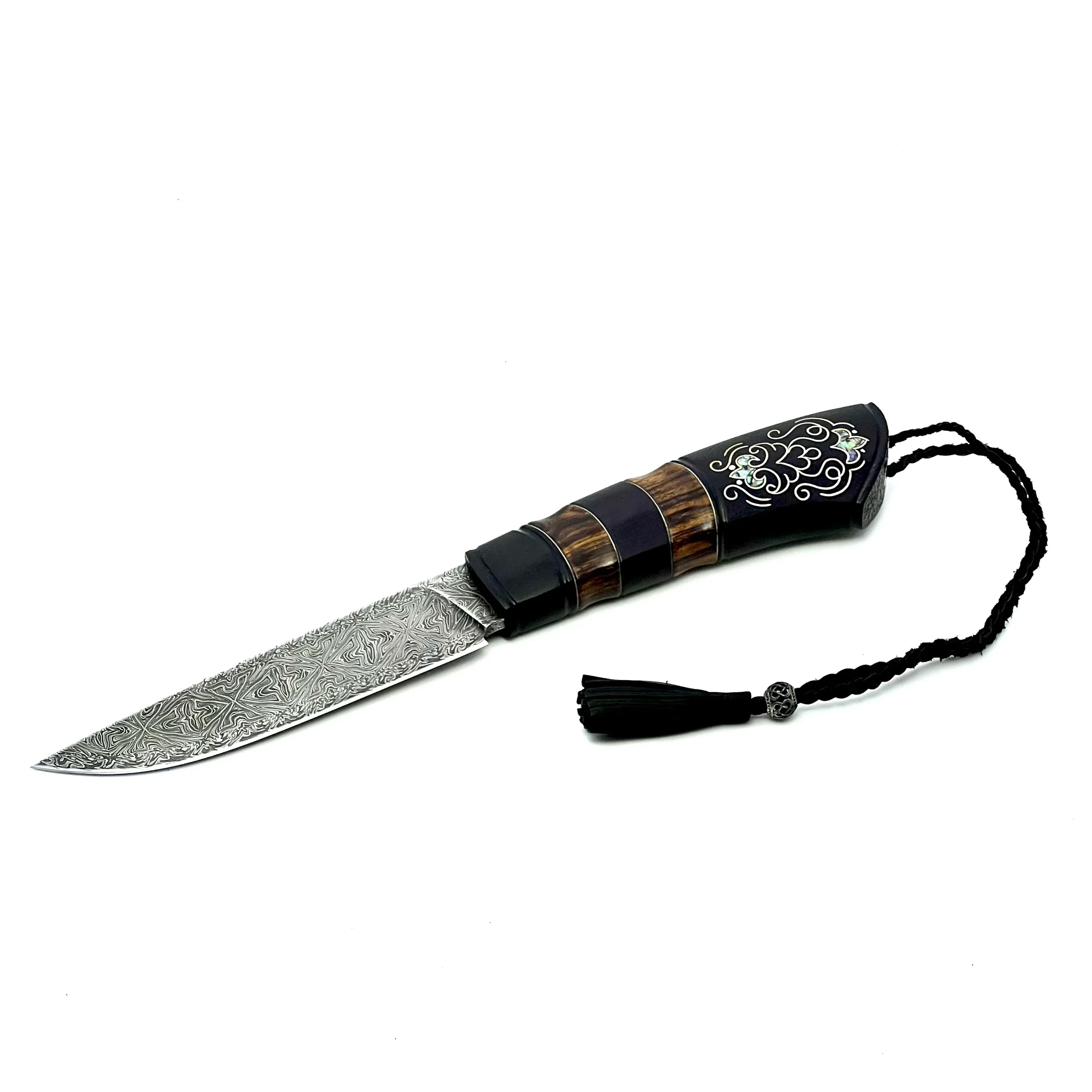 Cuchillo de Caza de Damasco Mosaico con Mango de Carpe y Ironwood - Imagen 2