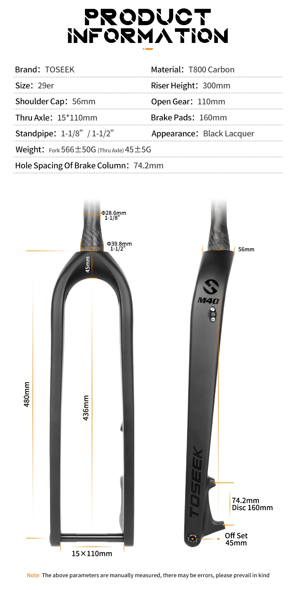 Horquilla Toseek M40 Interna Freno Disco MTB Rígido Fibra De Carbono 28,6mm 29 pulgadas - Imagen 6